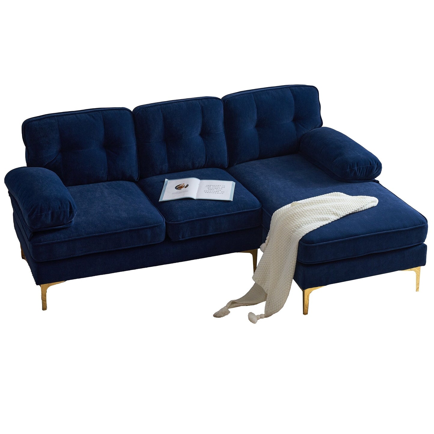 Modern Velvet L-Shaped Sectional Sofa with Metal Legs and Wide Backrest for Living Room Bedroom