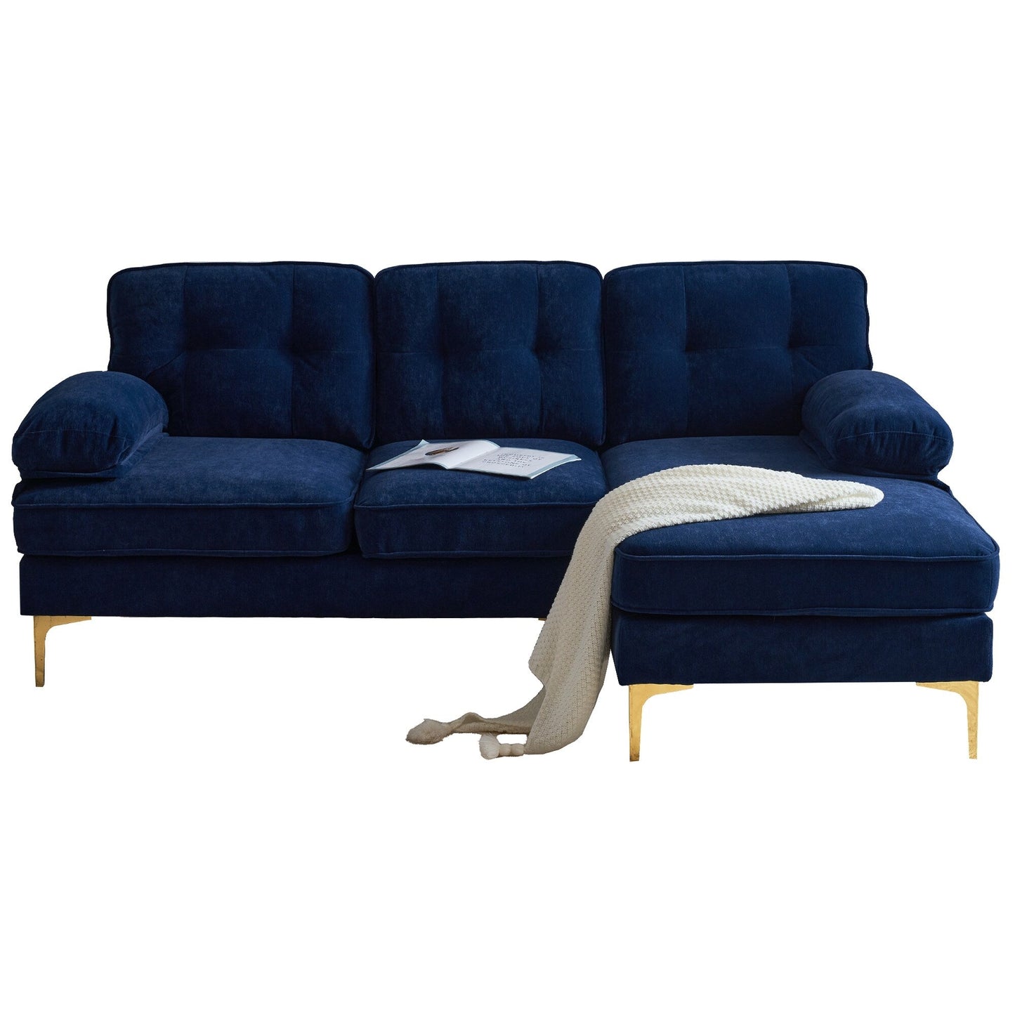 Modern Velvet L-Shaped Sectional Sofa with Metal Legs and Wide Backrest for Living Room Bedroom