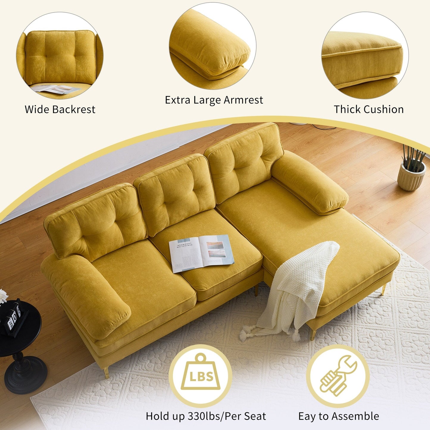 Modern Velvet L-Shaped Sectional Sofa with Metal Legs and Wide Backrest for Living Room Bedroom