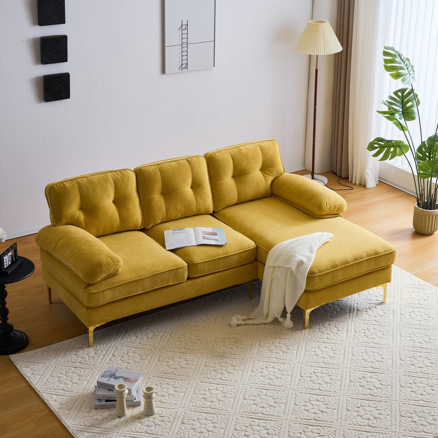 Modern Velvet L-Shaped Sectional Sofa with Metal Legs and Wide Backrest for Living Room Bedroom