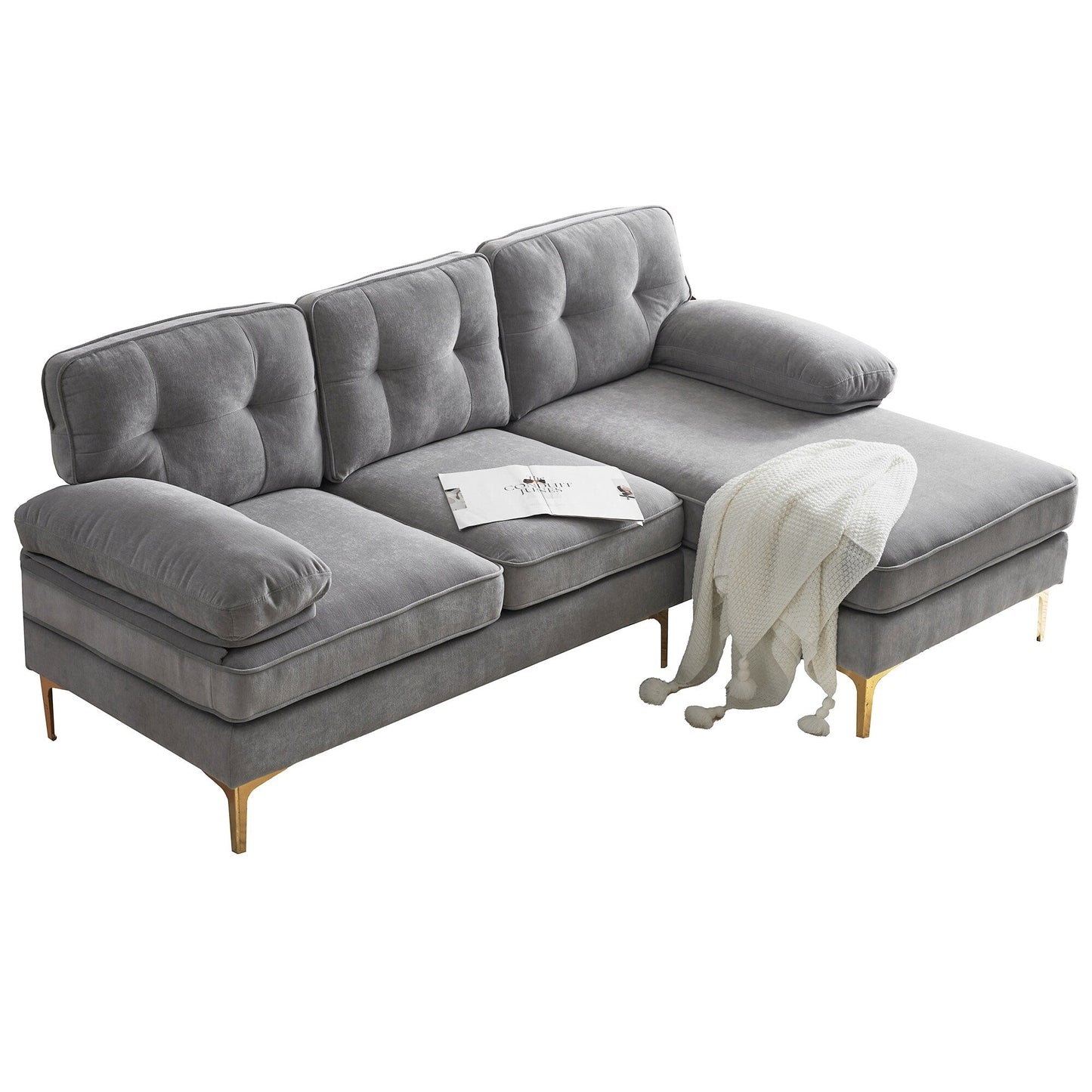 Modern Velvet L-Shaped Sectional Sofa with Metal Legs and Wide Backrest for Living Room Bedroom