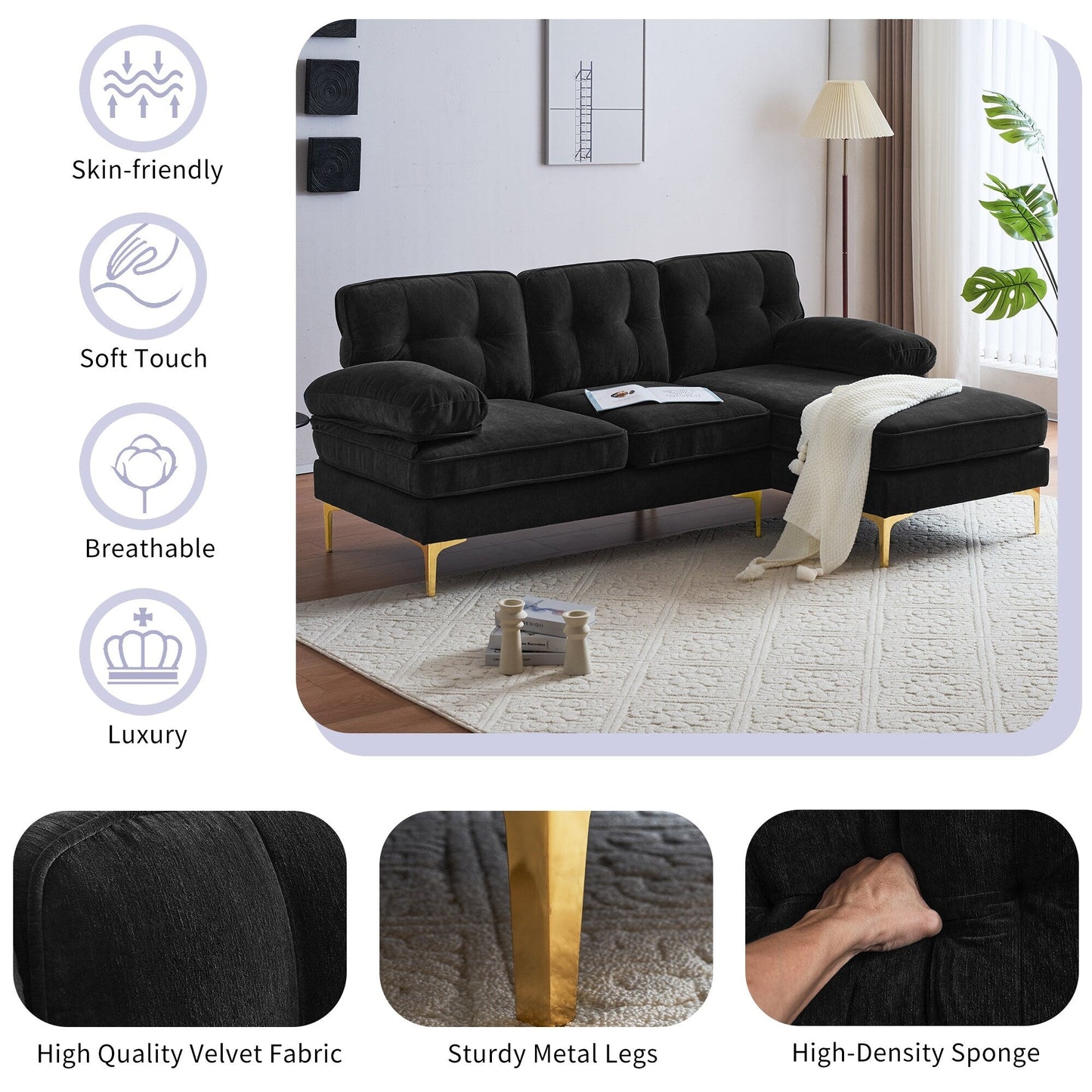 Modern Velvet L-Shaped Sectional Sofa with Metal Legs and Wide Backrest for Living Room Bedroom