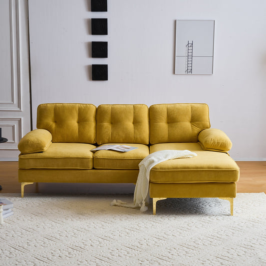 Modern Velvet L-Shaped Sectional Sofa with Metal Legs and Wide Backrest for Living Room Bedroom