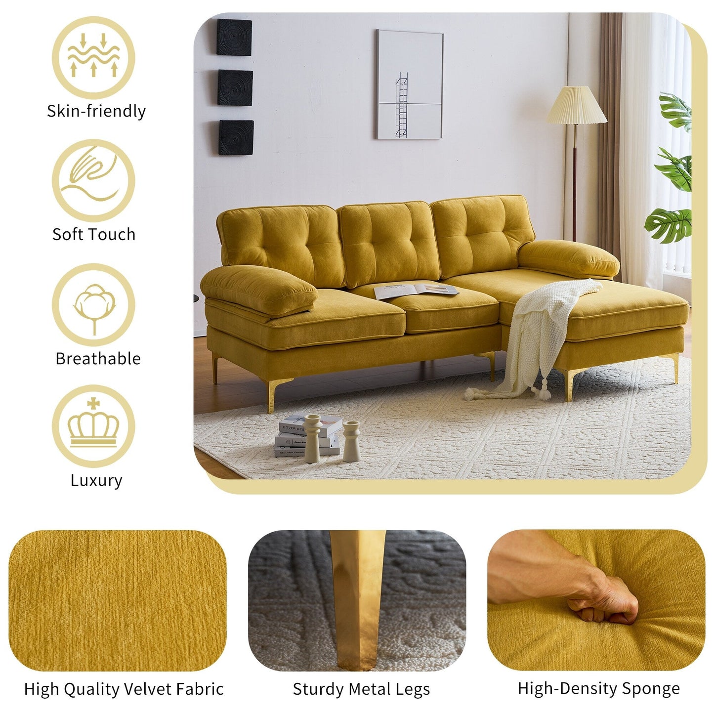 Modern Velvet L-Shaped Sectional Sofa with Metal Legs and Wide Backrest for Living Room Bedroom