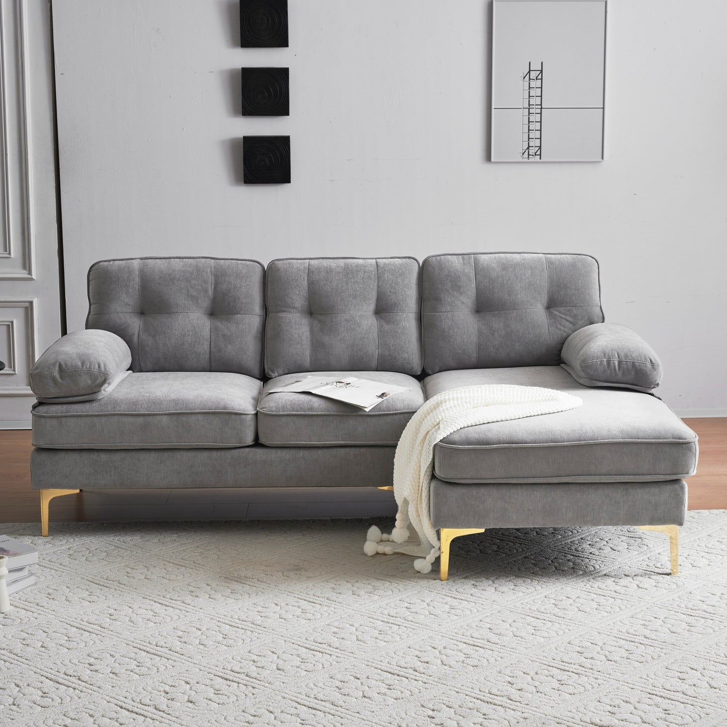Modern Velvet L-Shaped Sectional Sofa with Metal Legs and Wide Backrest for Living Room Bedroom
