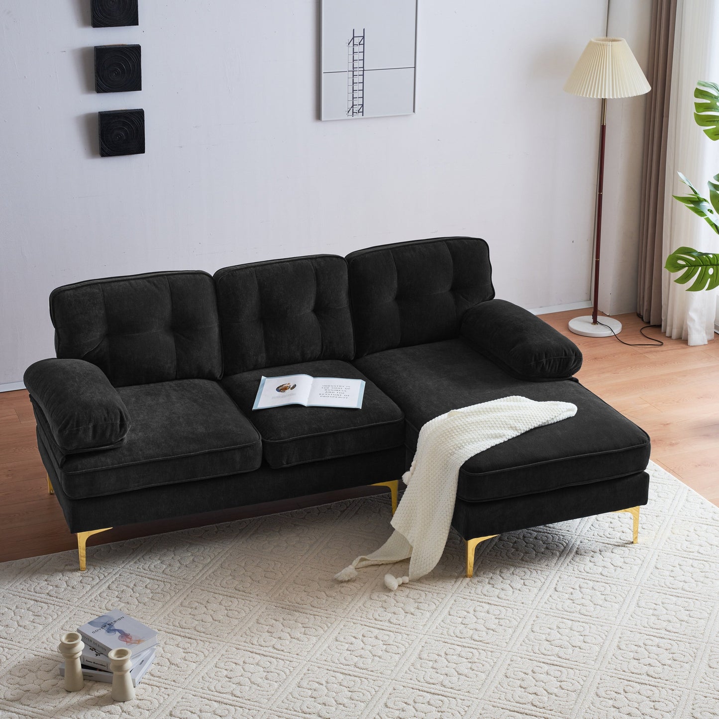 Modern Velvet L-Shaped Sectional Sofa with Metal Legs and Wide Backrest for Living Room Bedroom