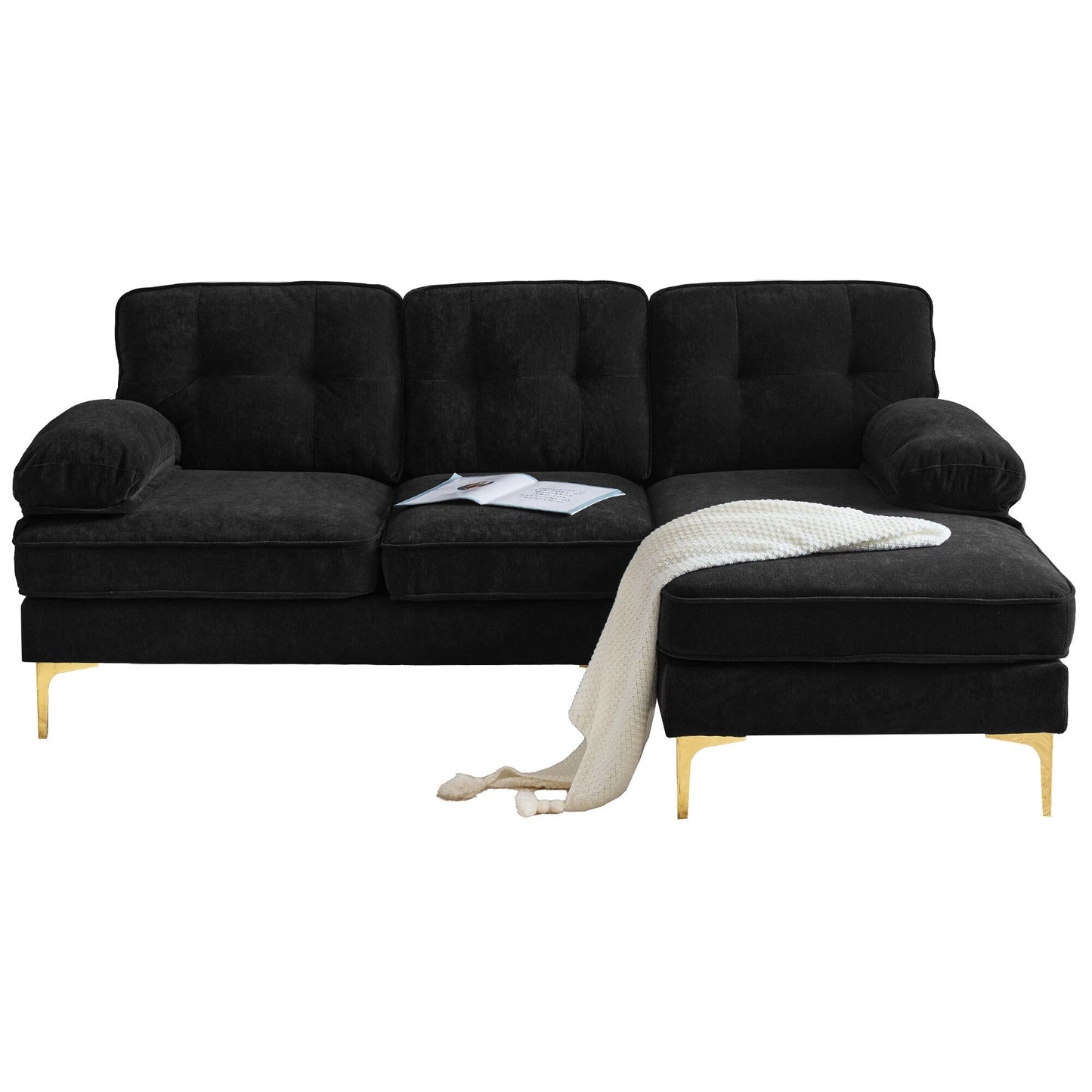 Modern Velvet L-Shaped Sectional Sofa with Metal Legs and Wide Backrest for Living Room Bedroom