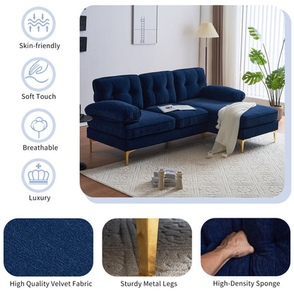 Modern Velvet L-Shaped Sectional Sofa with Metal Legs and Wide Backrest for Living Room Bedroom