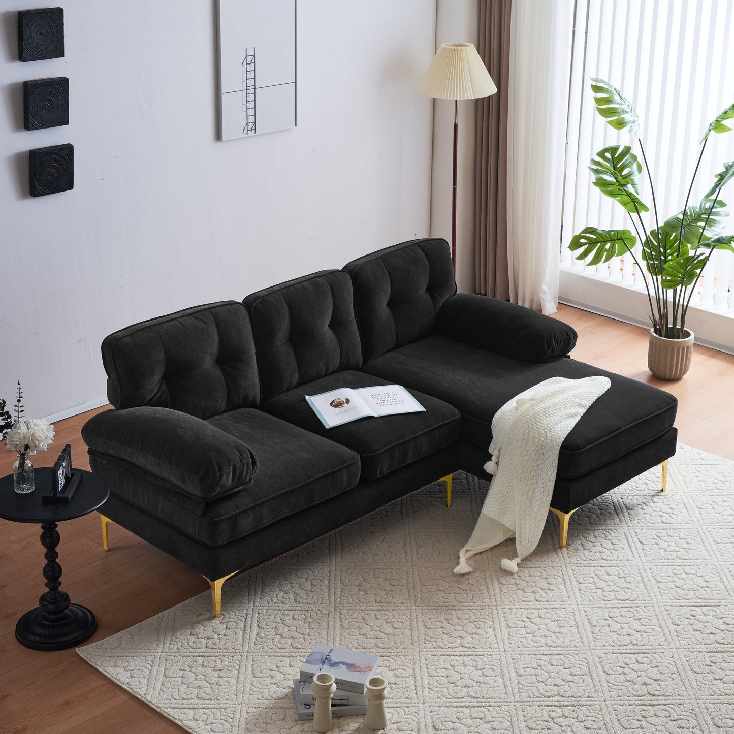 Modern Velvet L-Shaped Sectional Sofa with Metal Legs and Wide Backrest for Living Room Bedroom