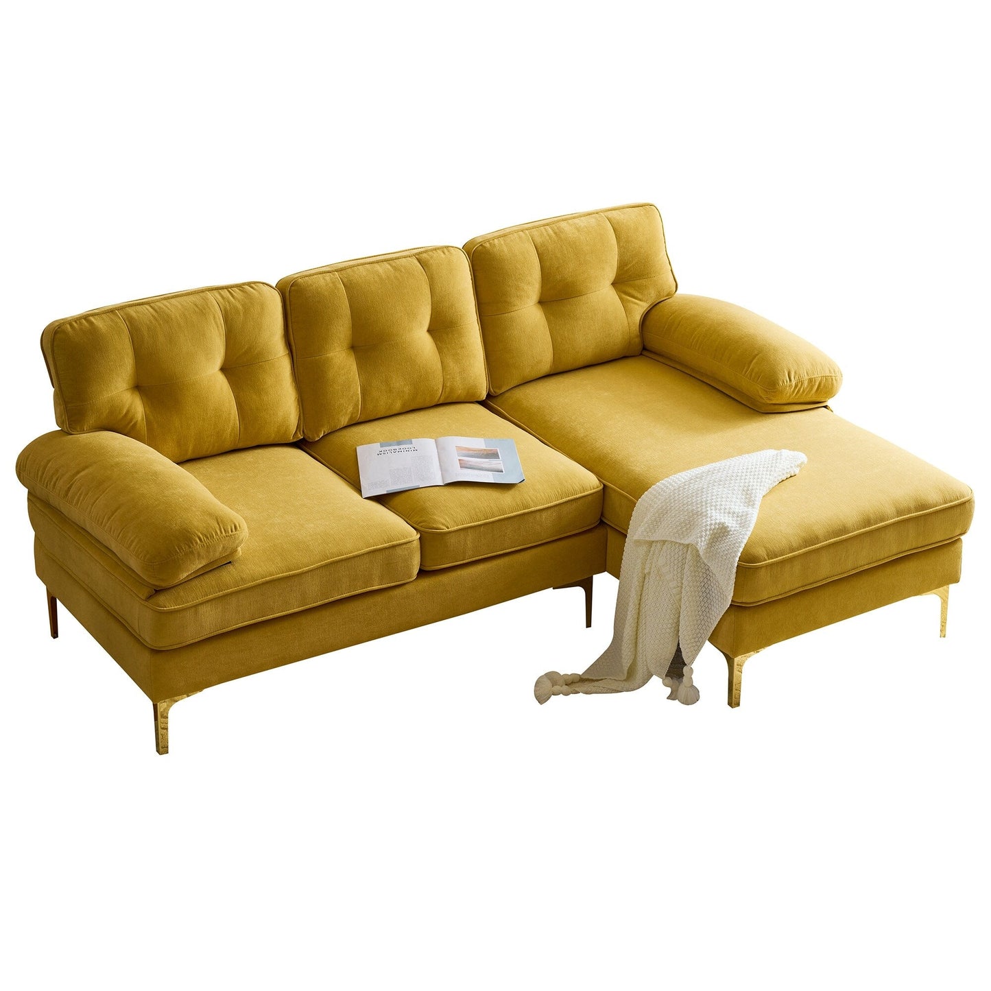 Modern Velvet L-Shaped Sectional Sofa with Metal Legs and Wide Backrest for Living Room Bedroom