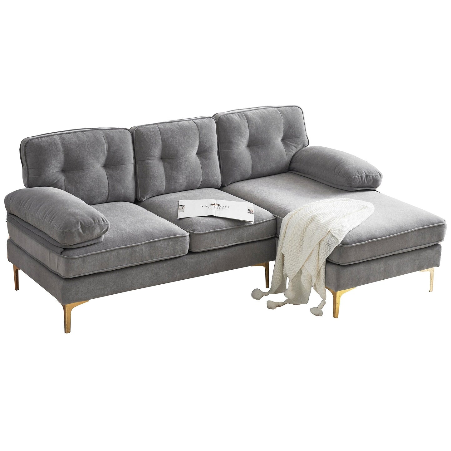 Modern Velvet L-Shaped Sectional Sofa with Metal Legs and Wide Backrest for Living Room Bedroom