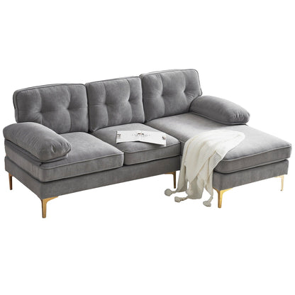 Modern Velvet L-Shaped Sectional Sofa with Metal Legs and Wide Backrest for Living Room Bedroom