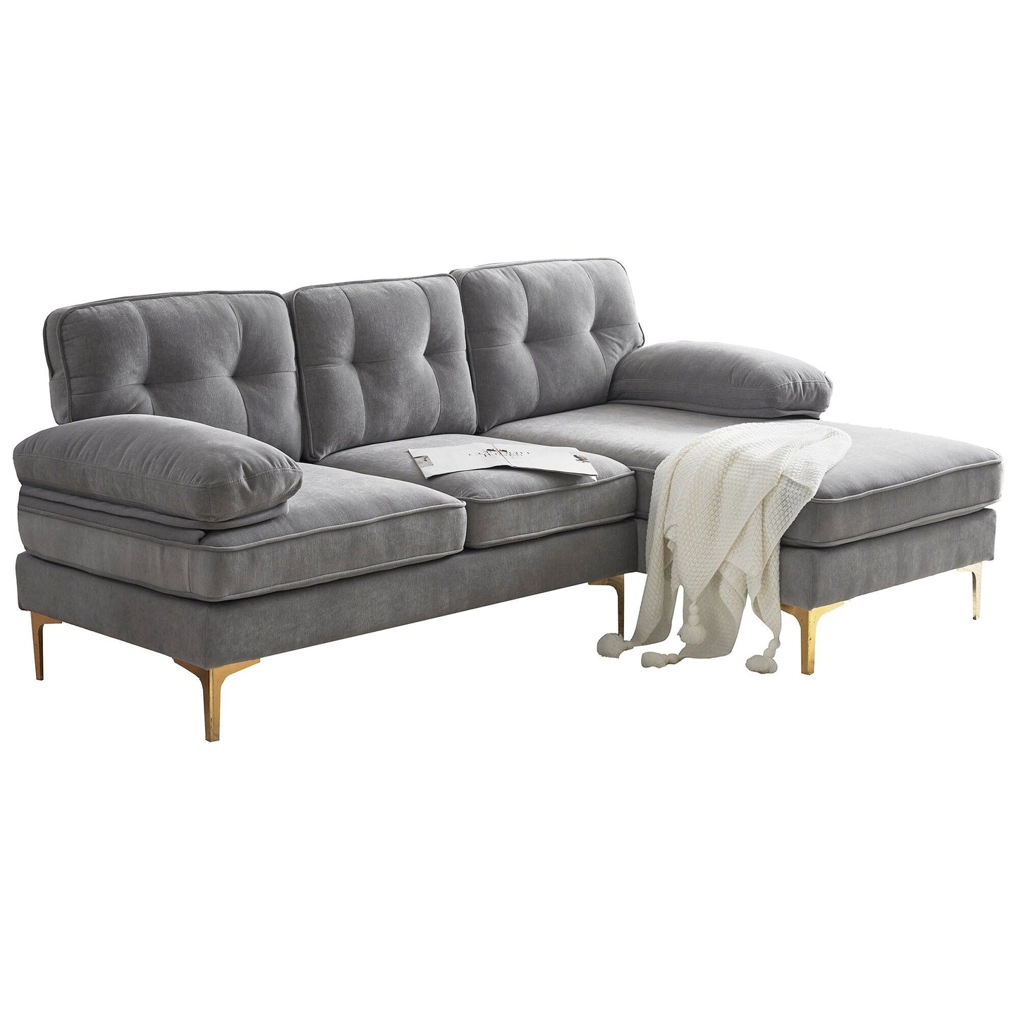 Modern Velvet L-Shaped Sectional Sofa with Metal Legs and Wide Backrest for Living Room Bedroom