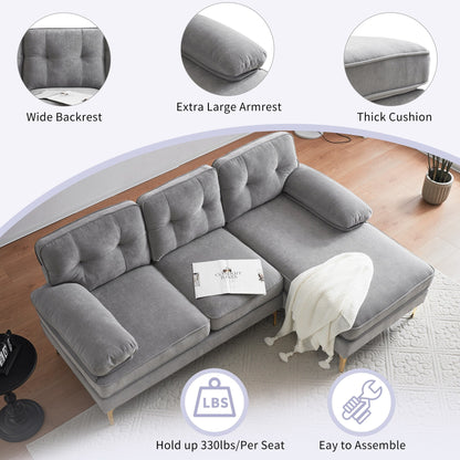 Modern Velvet L-Shaped Sectional Sofa with Metal Legs and Wide Backrest for Living Room Bedroom