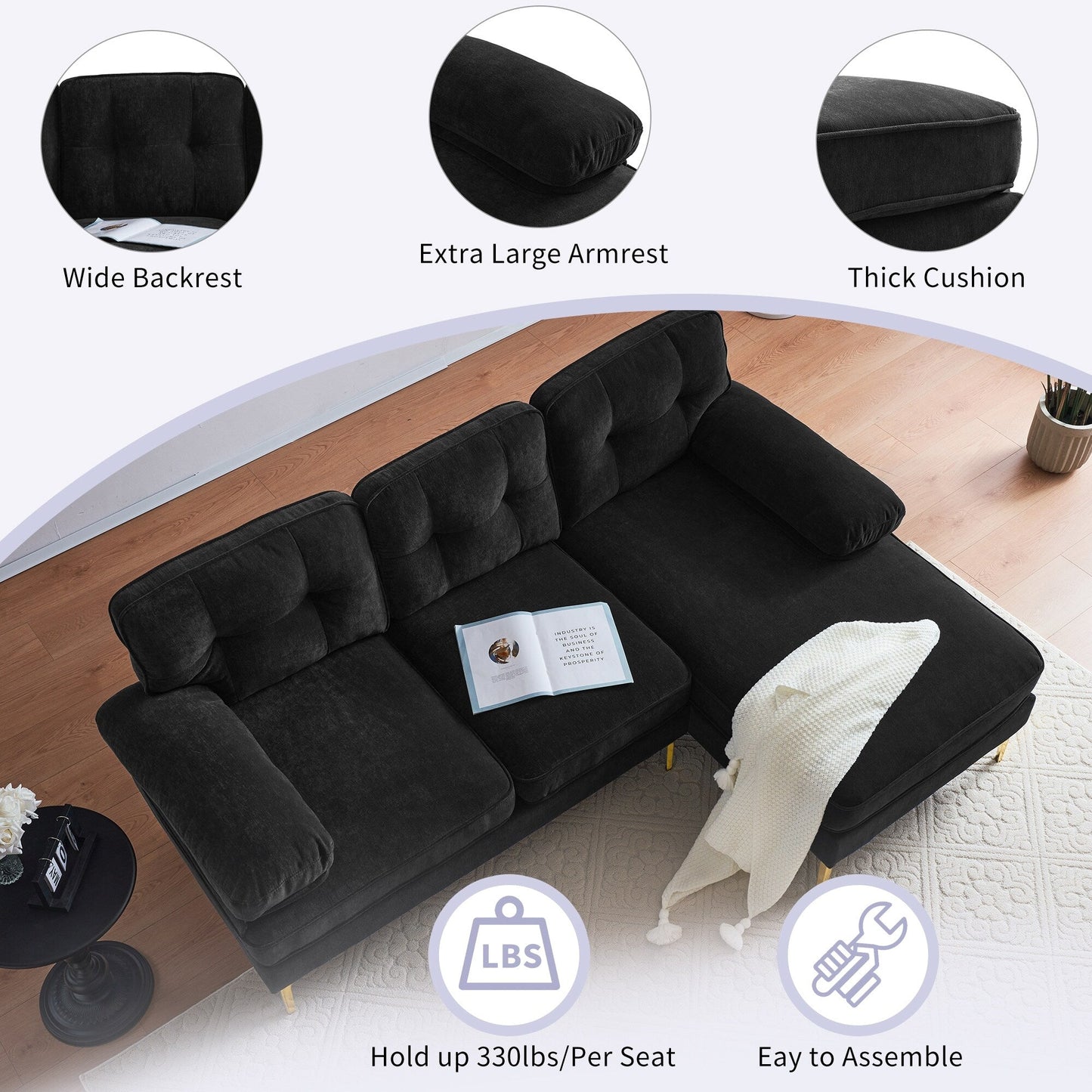 Modern Velvet L-Shaped Sectional Sofa with Metal Legs and Wide Backrest for Living Room Bedroom
