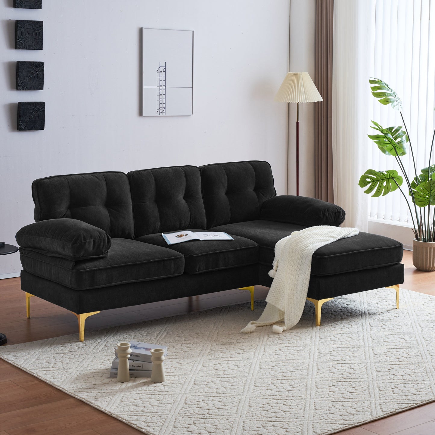 Modern Velvet L-Shaped Sectional Sofa with Metal Legs and Wide Backrest for Living Room Bedroom