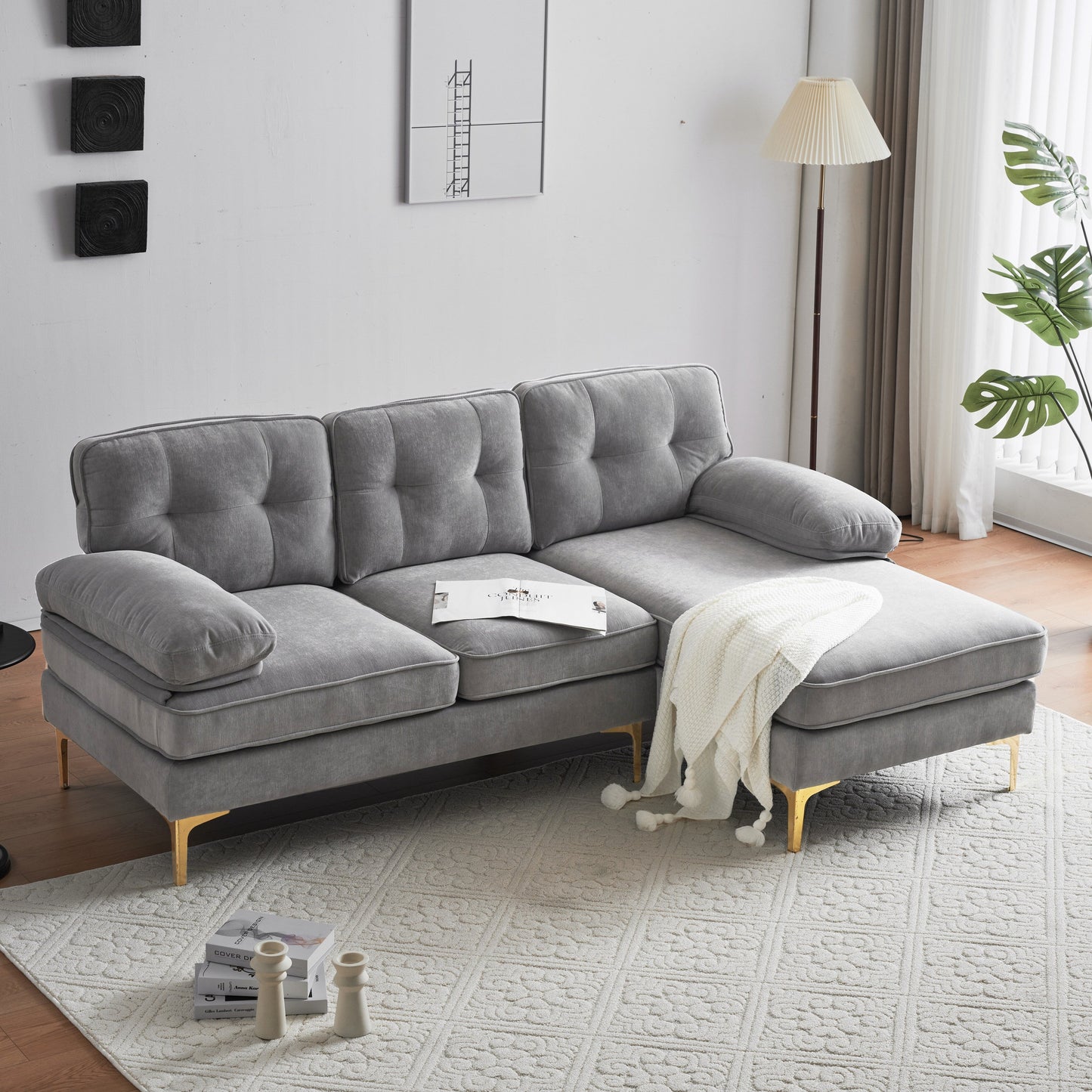 Modern Velvet L-Shaped Sectional Sofa with Metal Legs and Wide Backrest for Living Room Bedroom