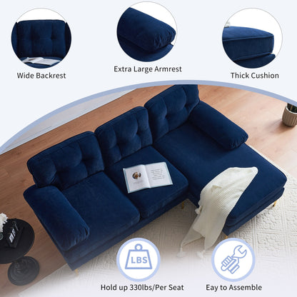 Modern Velvet L-Shaped Sectional Sofa with Metal Legs and Wide Backrest for Living Room Bedroom