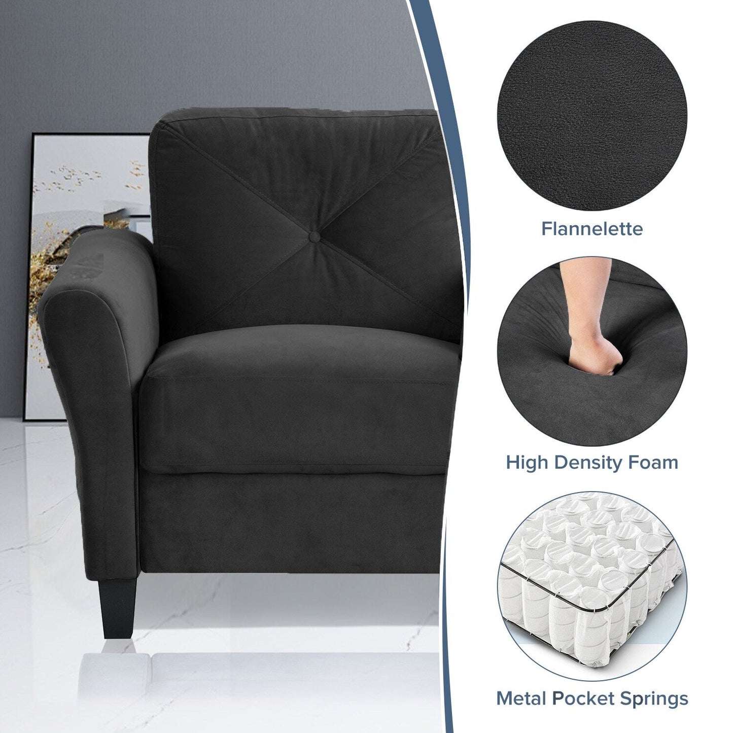 Modern Velvet Loveseat with Angled Backrest and Solid Wood Frame for Living Room Small Spaces