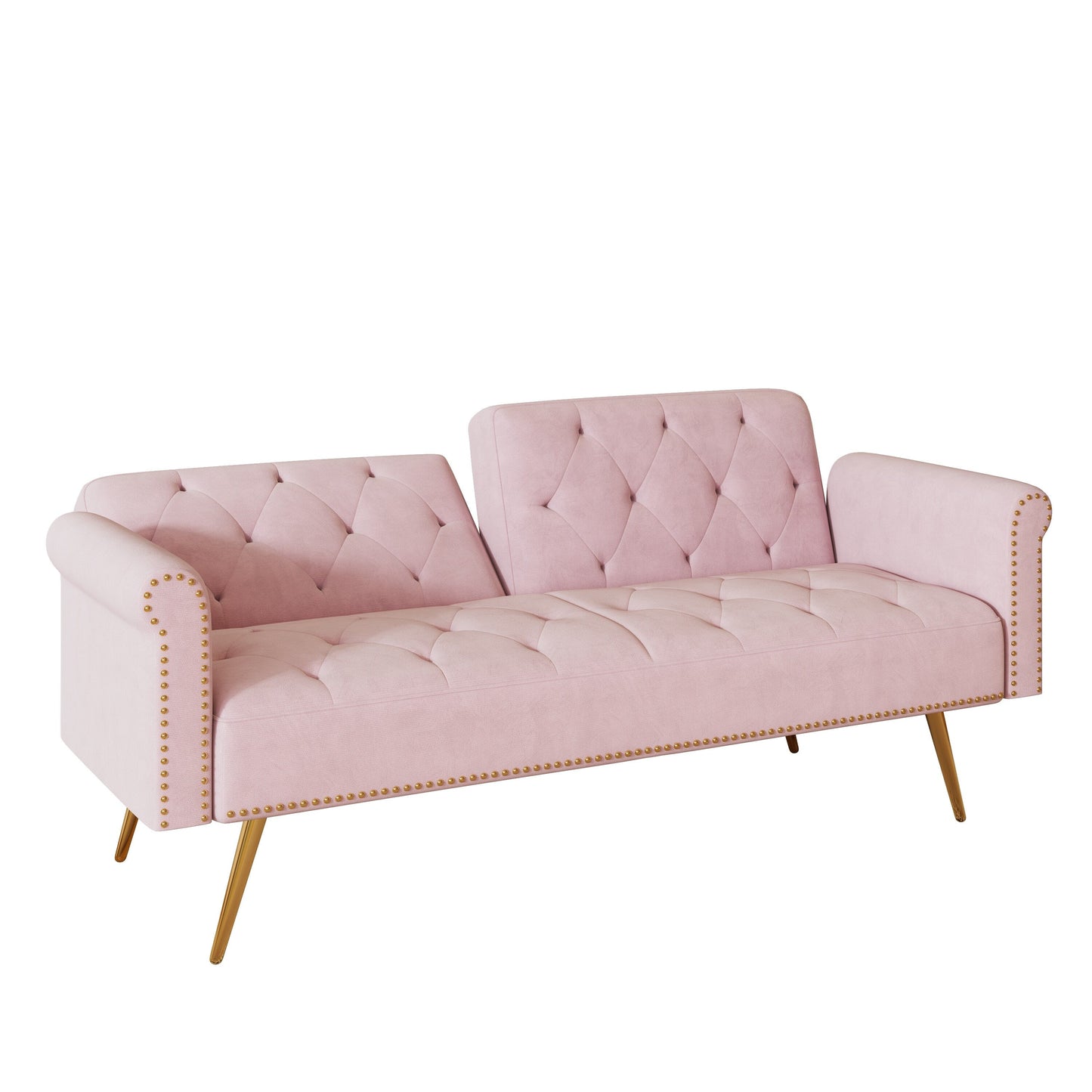 Modern Velvet Nail Head Sofa Bed, Adjustable Loveseat with Throw Pillow for Living Room Apartment Bedrooms