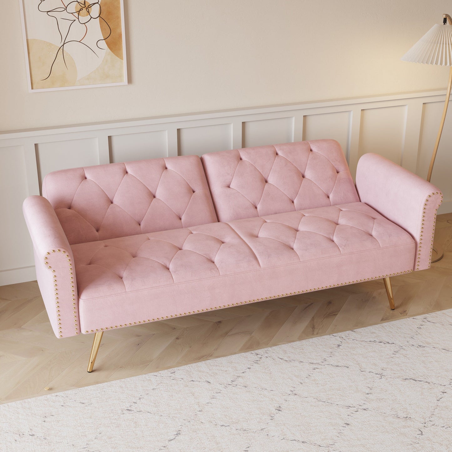 Modern Velvet Nail Head Sofa Bed, Adjustable Loveseat with Throw Pillow for Living Room Apartment Bedrooms