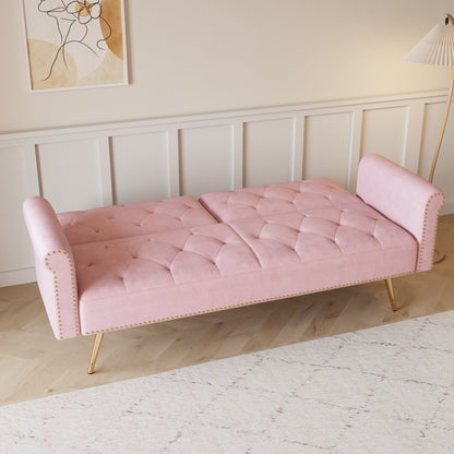 Modern Velvet Nail Head Sofa Bed, Adjustable Loveseat with Throw Pillow for Living Room Apartment Bedrooms