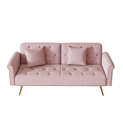 Modern Velvet Nail Head Sofa Bed, Adjustable Loveseat with Throw Pillow for Living Room Apartment Bedrooms