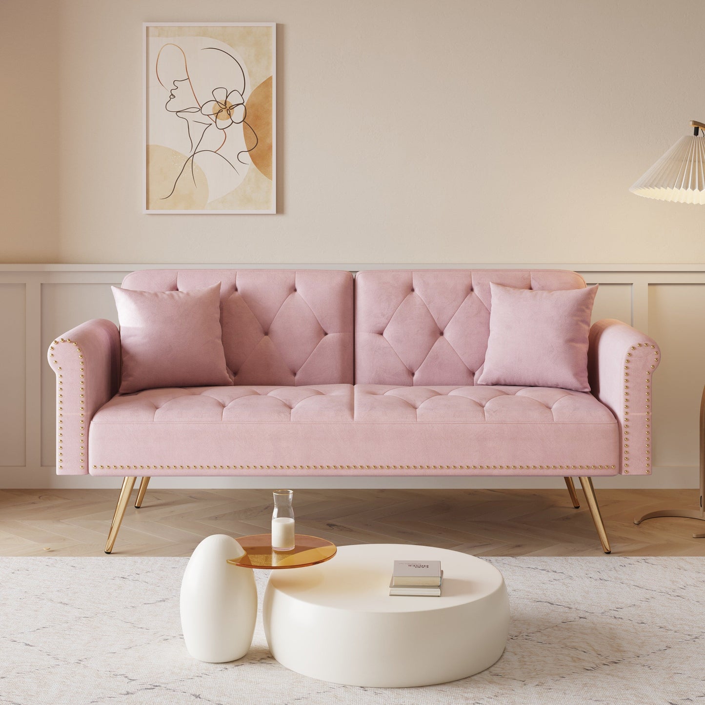 Modern Velvet Nail Head Sofa Bed, Adjustable Loveseat with Throw Pillow for Living Room Apartment Bedrooms