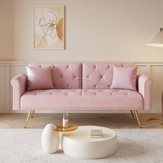 Modern Velvet Nail Head Sofa Bed, Adjustable Loveseat with Throw Pillow for Living Room Apartment Bedrooms