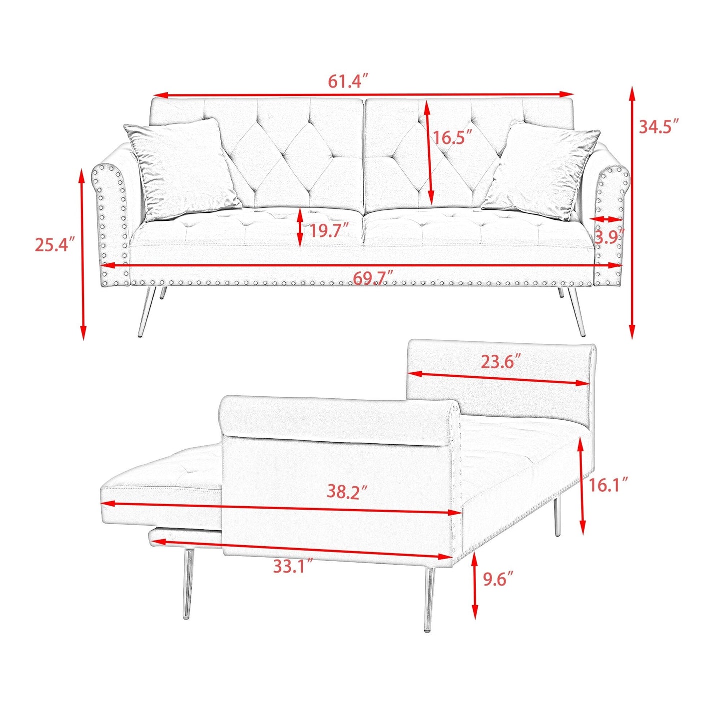 Modern Velvet Nail Head Sofa Bed, Adjustable Loveseat with Throw Pillow for Living Room Apartment Bedrooms