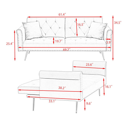 Modern Velvet Nail Head Sofa Bed, Adjustable Loveseat with Throw Pillow for Living Room Apartment Bedrooms