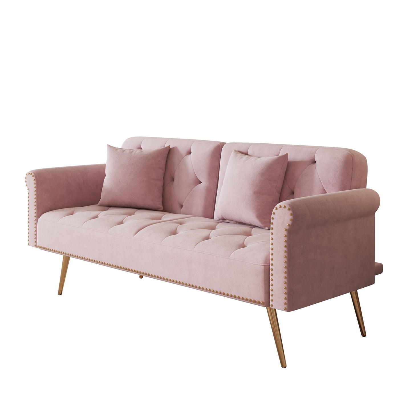 Modern Velvet Nail Head Sofa Bed, Adjustable Loveseat with Throw Pillow for Living Room Apartment Bedrooms