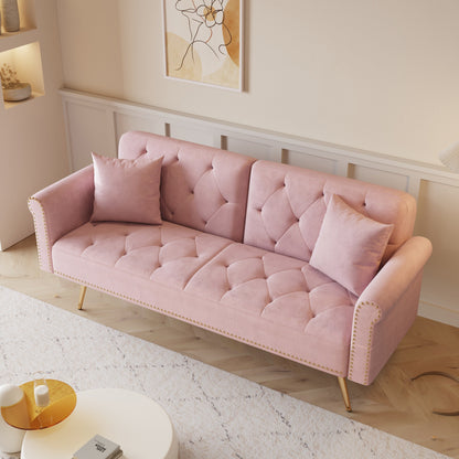 Modern Velvet Nail Head Sofa Bed, Adjustable Loveseat with Throw Pillow for Living Room Apartment Bedrooms