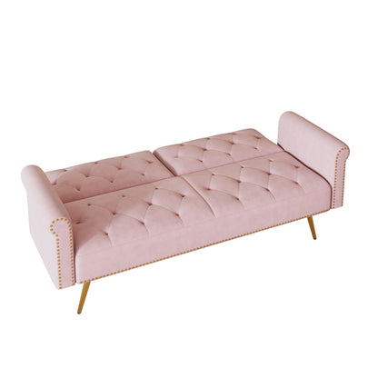 Modern Velvet Nail Head Sofa Bed, Adjustable Loveseat with Throw Pillow for Living Room Apartment Bedrooms