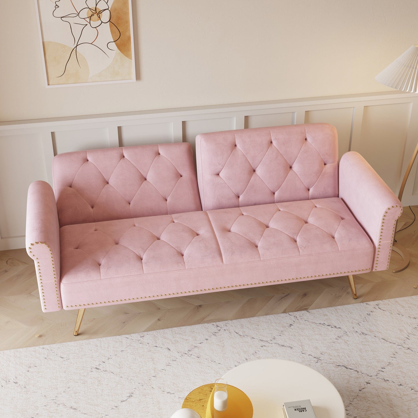 Modern Velvet Nail Head Sofa Bed, Adjustable Loveseat with Throw Pillow for Living Room Apartment Bedrooms
