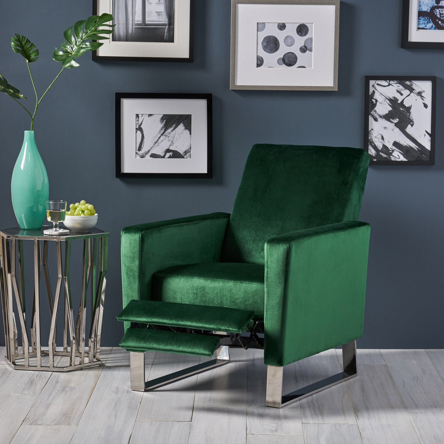 Modern Velvet Upholstered Push-Back Recliner with Footrest and Stainless Steel Legs