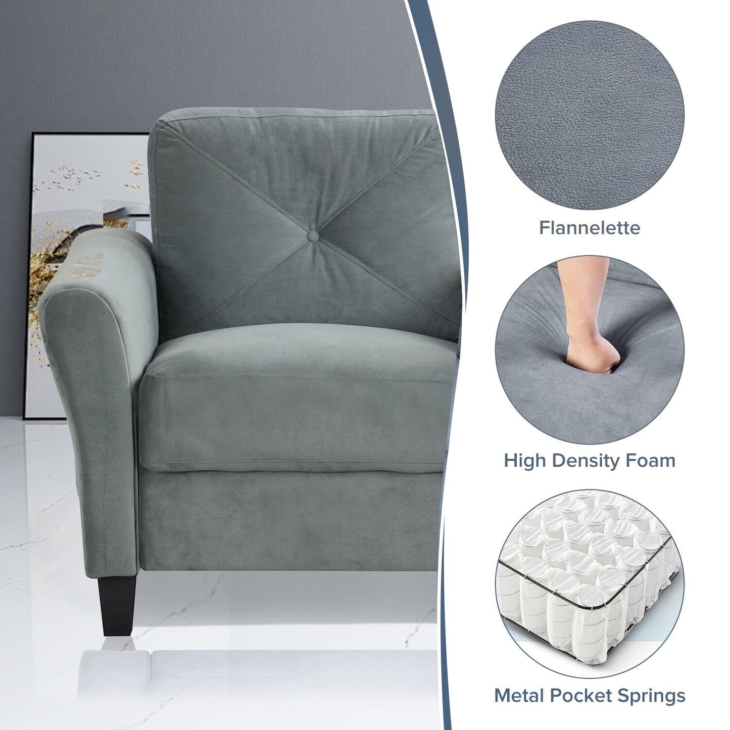 Modern Velvet Upholstered Sofa with Angled Backrest and Solid Wood Frame for Living Room Office Small Spaces