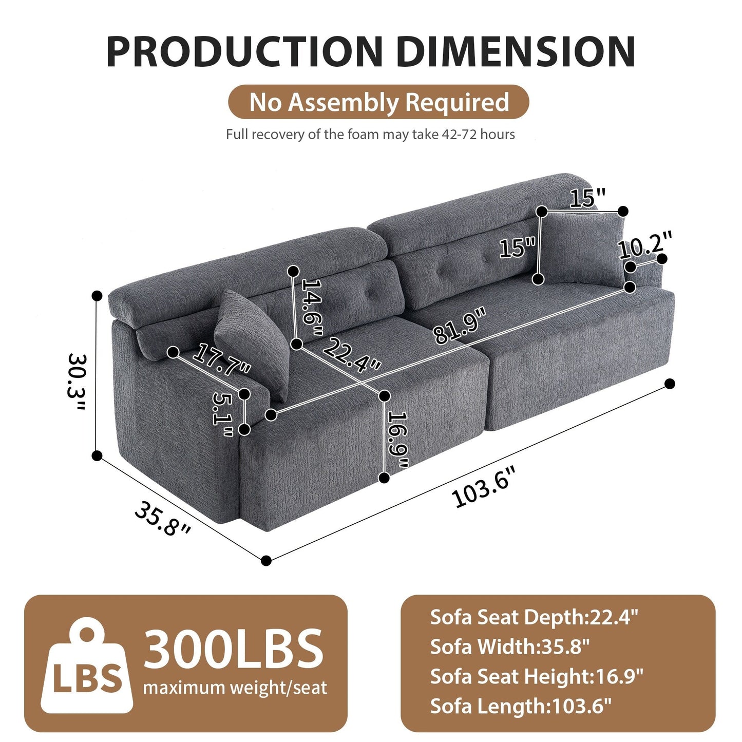 Modern Wood Grain Chenille 4-Seater Modular Sectional Sofa with 2 Pillows for Living Room Apartment