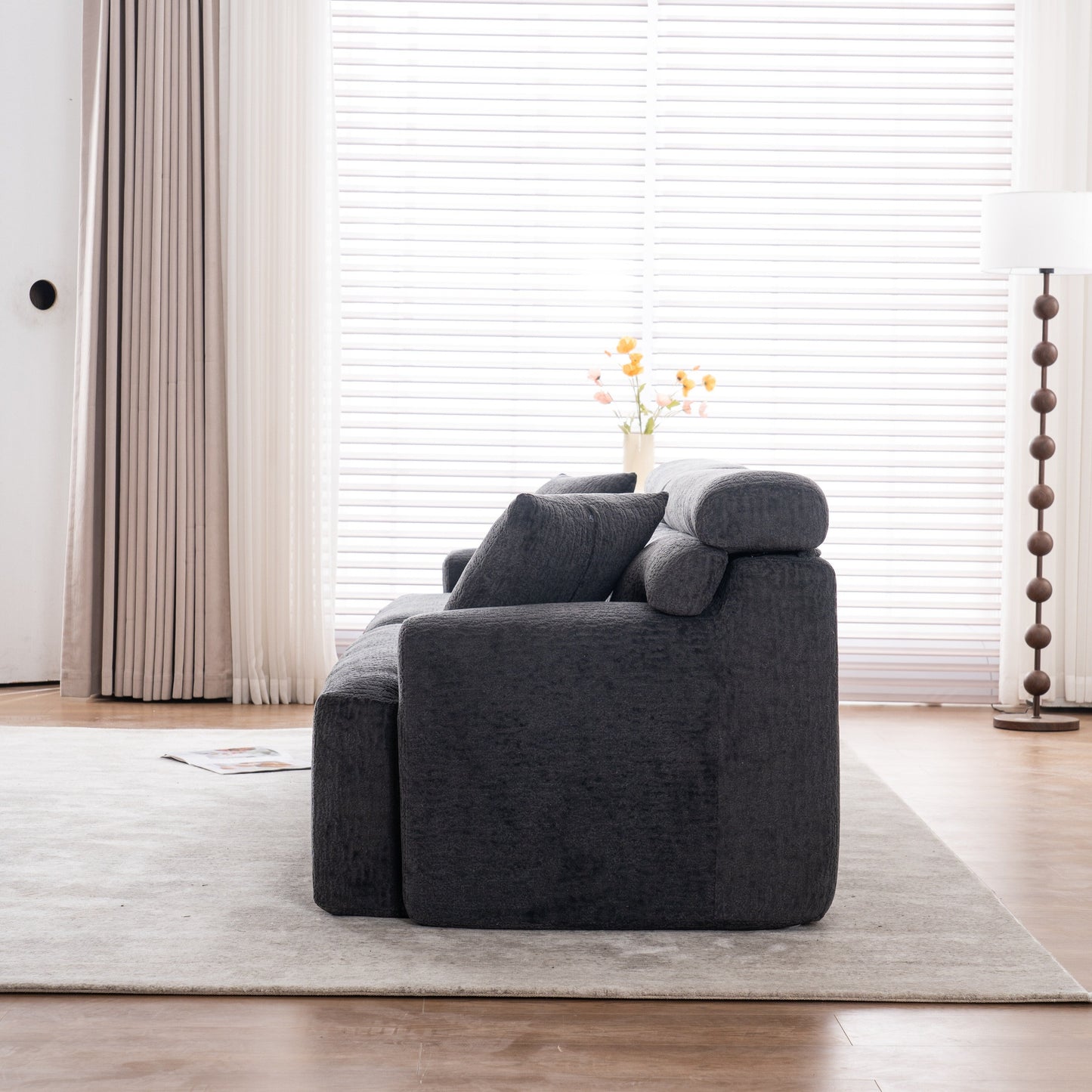 Modern Wood Grain Chenille 4-Seater Modular Sectional Sofa with 2 Pillows for Living Room Apartment