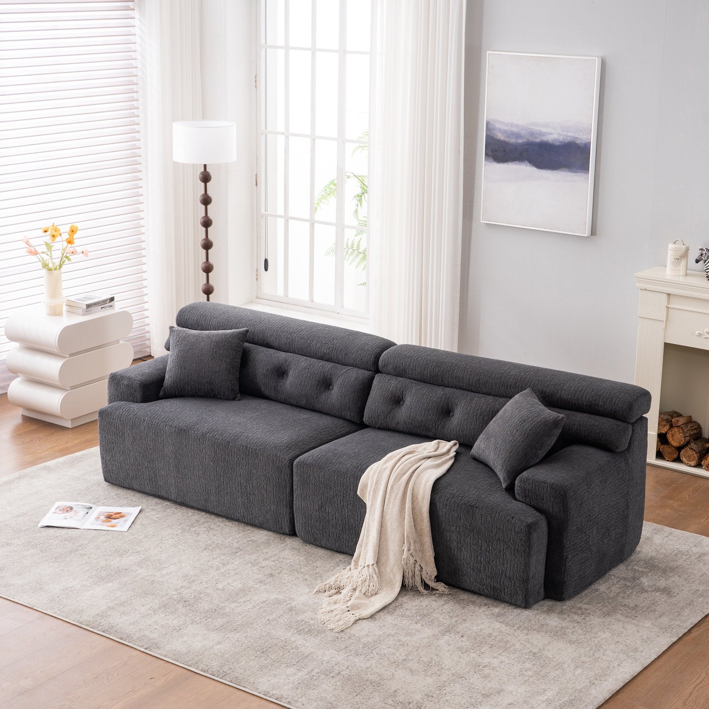 Modern Wood Grain Chenille 4-Seater Modular Sectional Sofa with 2 Pillows for Living Room Apartment