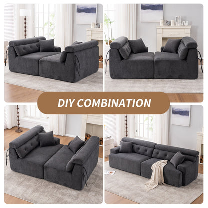 Modern Wood Grain Chenille 4-Seater Modular Sectional Sofa with 2 Pillows for Living Room Apartment