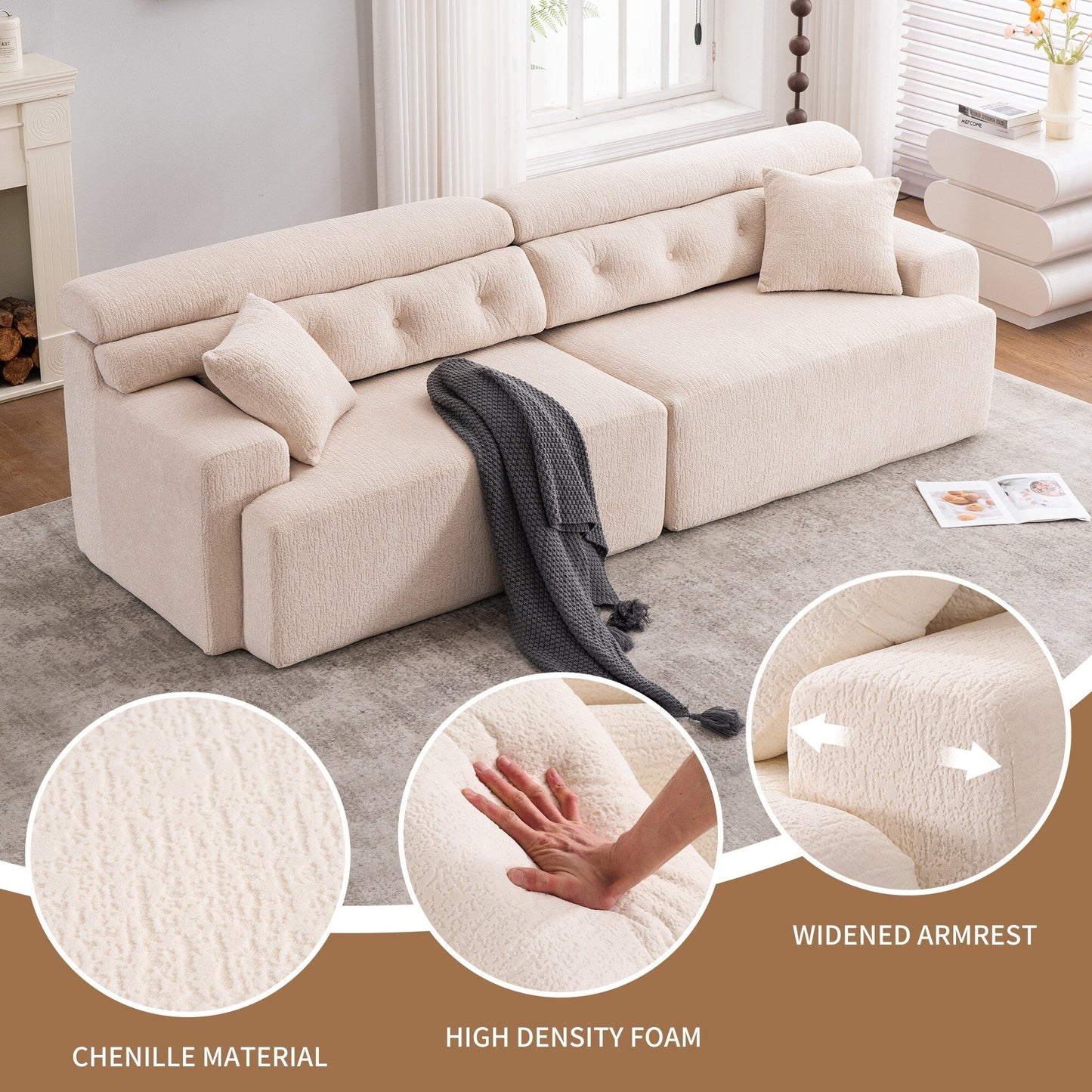 Modern Wood Grain Chenille 4-Seater Modular Sectional Sofa with 2 Pillows for Living Room Apartment