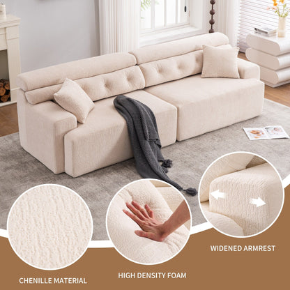 Modern Wood Grain Chenille 4-Seater Modular Sectional Sofa with 2 Pillows for Living Room Apartment