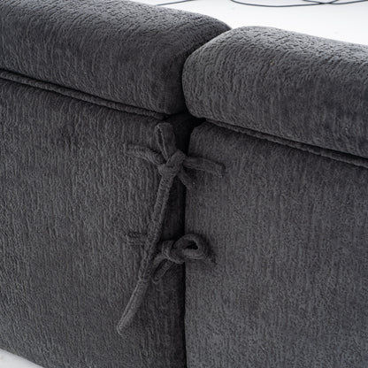 Modern Wood Grain Chenille 4-Seater Modular Sectional Sofa with 2 Pillows for Living Room Apartment