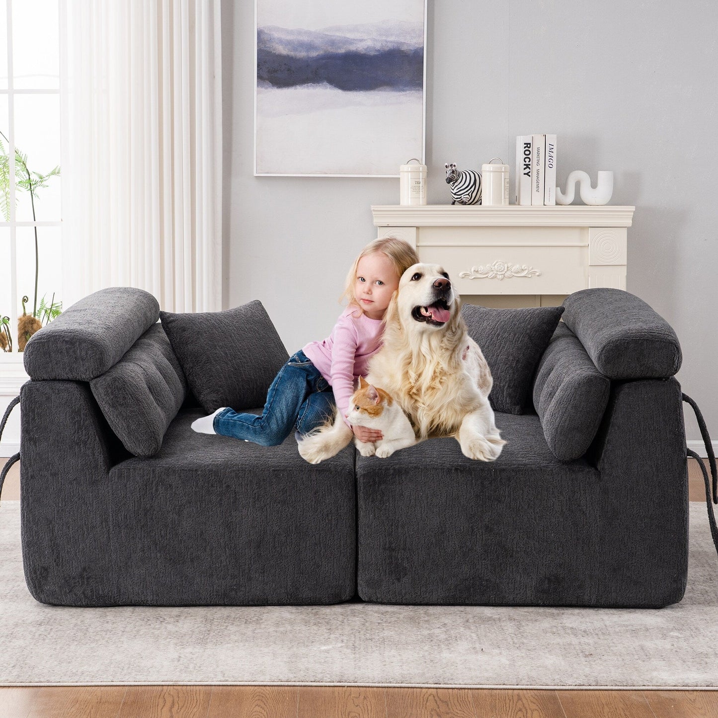 Modern Wood Grain Chenille 4-Seater Modular Sectional Sofa with 2 Pillows for Living Room Apartment