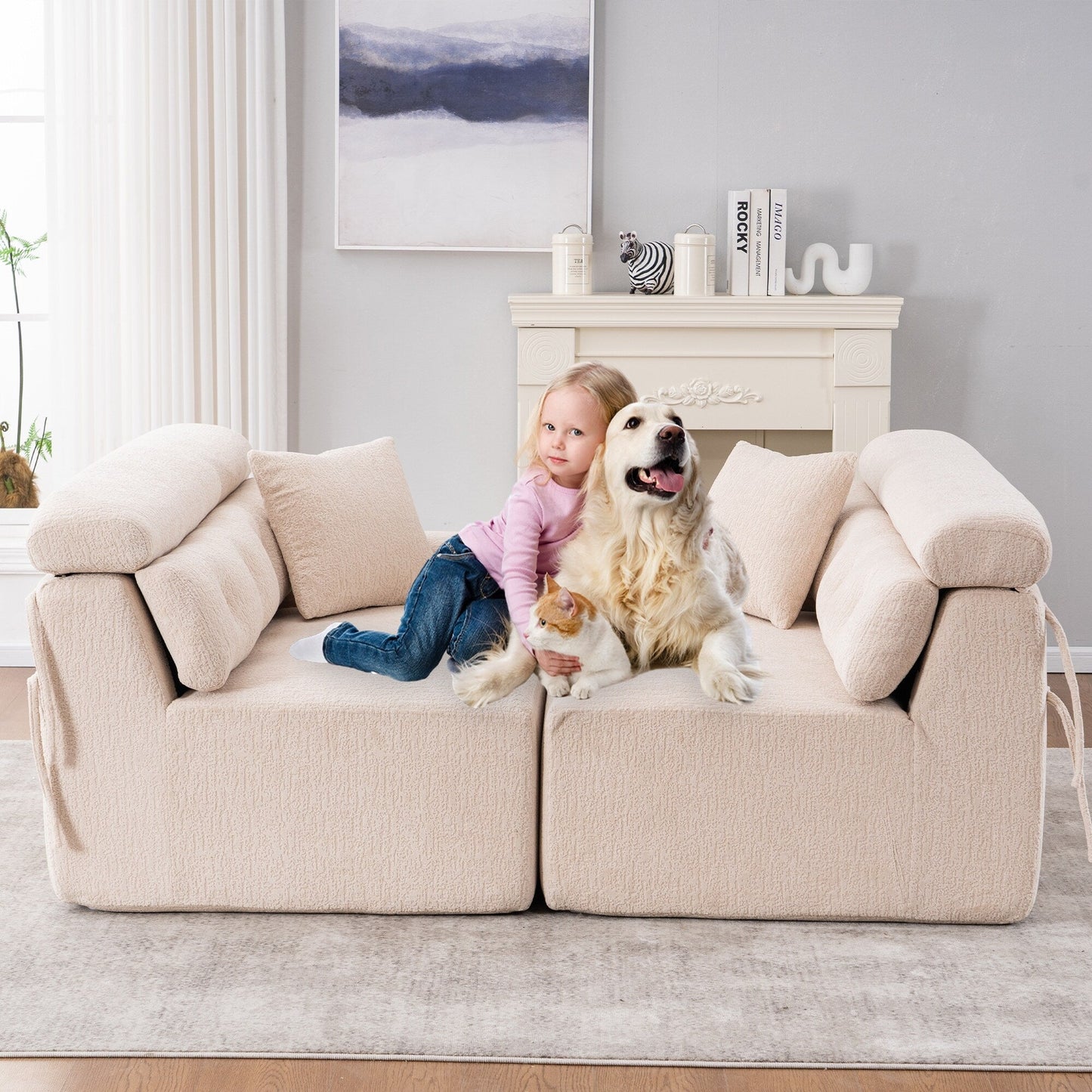 Modern Wood Grain Chenille 4-Seater Modular Sectional Sofa with 2 Pillows for Living Room Apartment