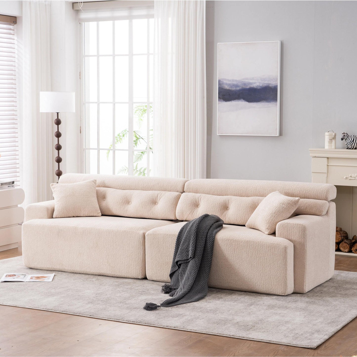 Modern Wood Grain Chenille 4-Seater Modular Sectional Sofa with 2 Pillows for Living Room Apartment