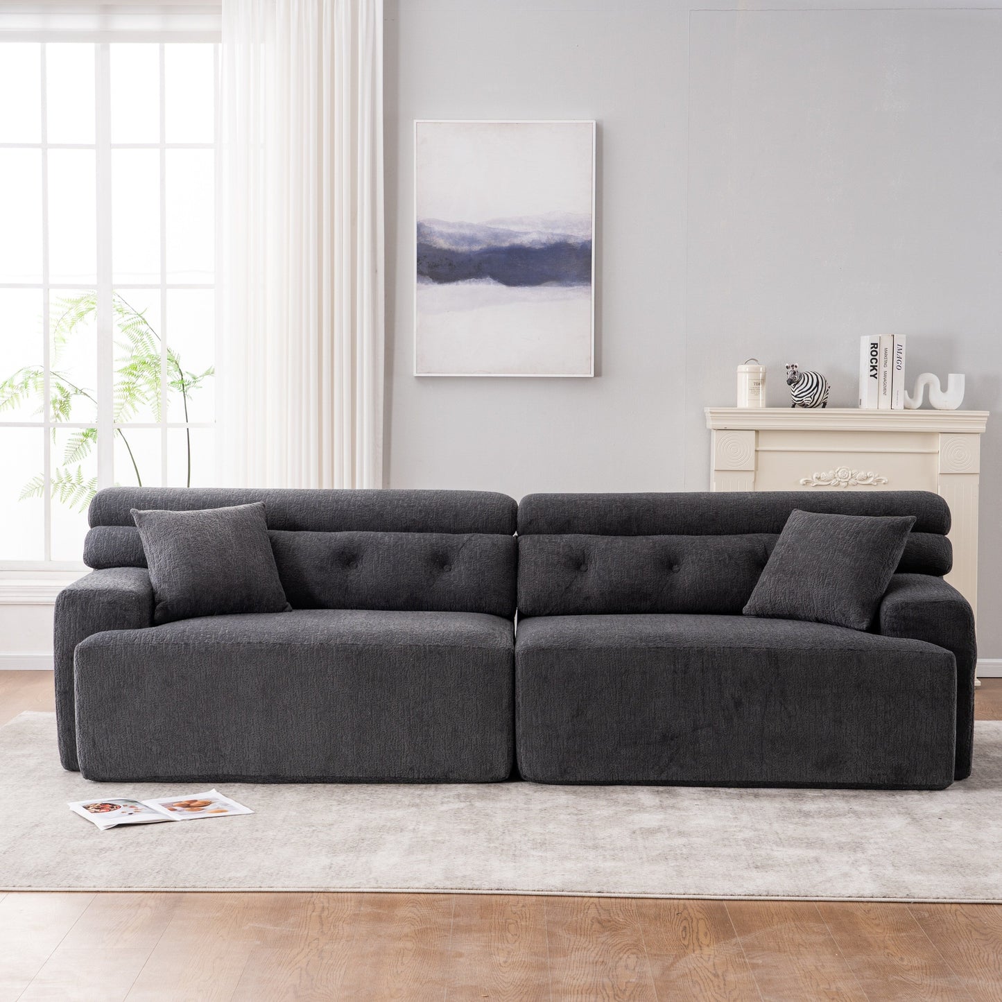 Modern Wood Grain Chenille 4-Seater Modular Sectional Sofa with 2 Pillows for Living Room Apartment