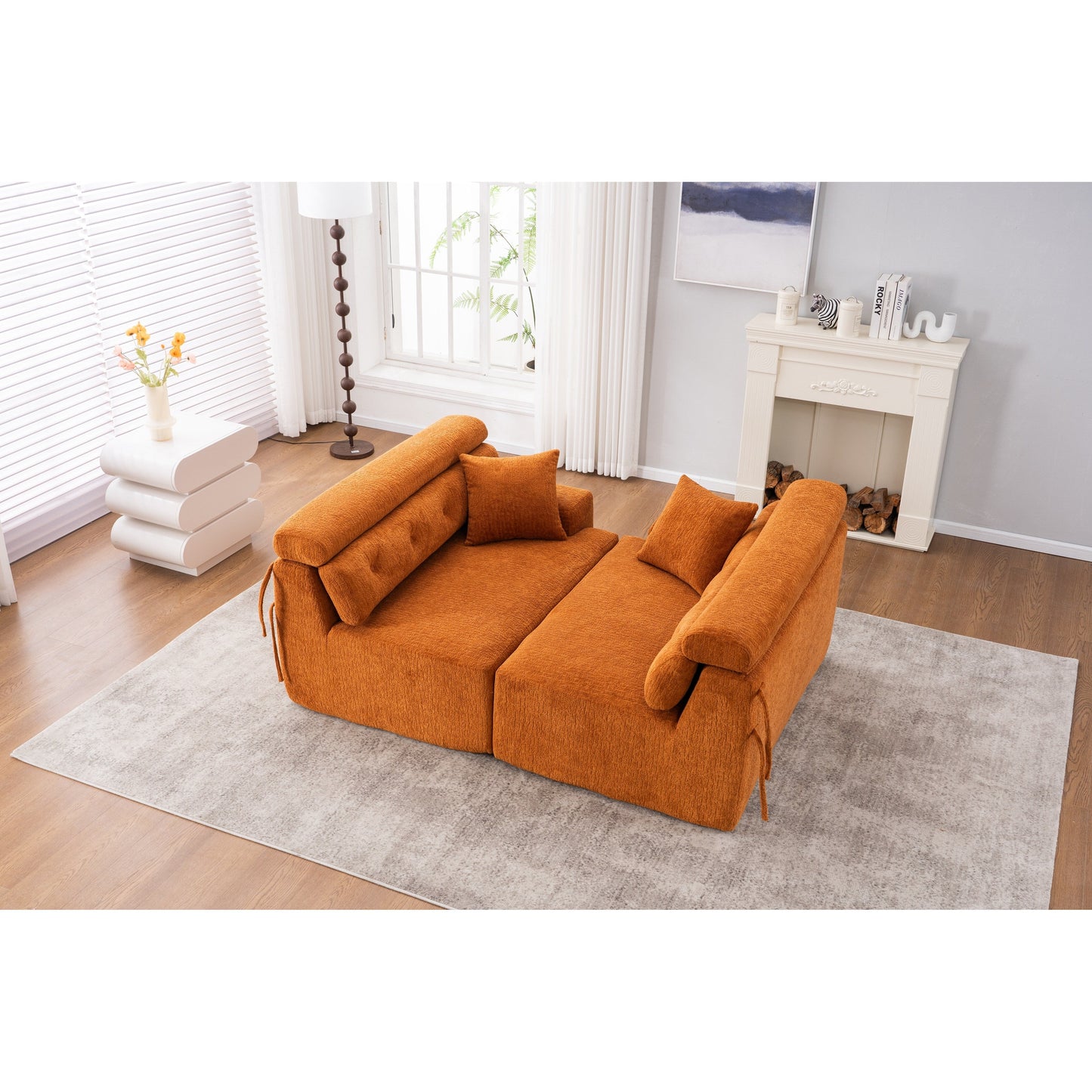 Modern Wood Grain Chenille 4-Seater Modular Sectional Sofa with 2 Pillows for Living Room Apartment