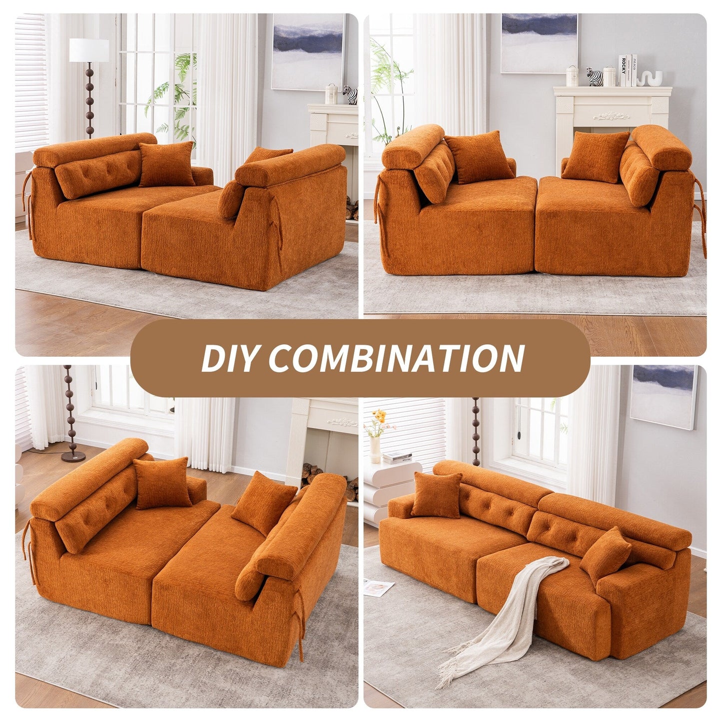 Modern Wood Grain Chenille 4-Seater Modular Sectional Sofa with 2 Pillows for Living Room Apartment